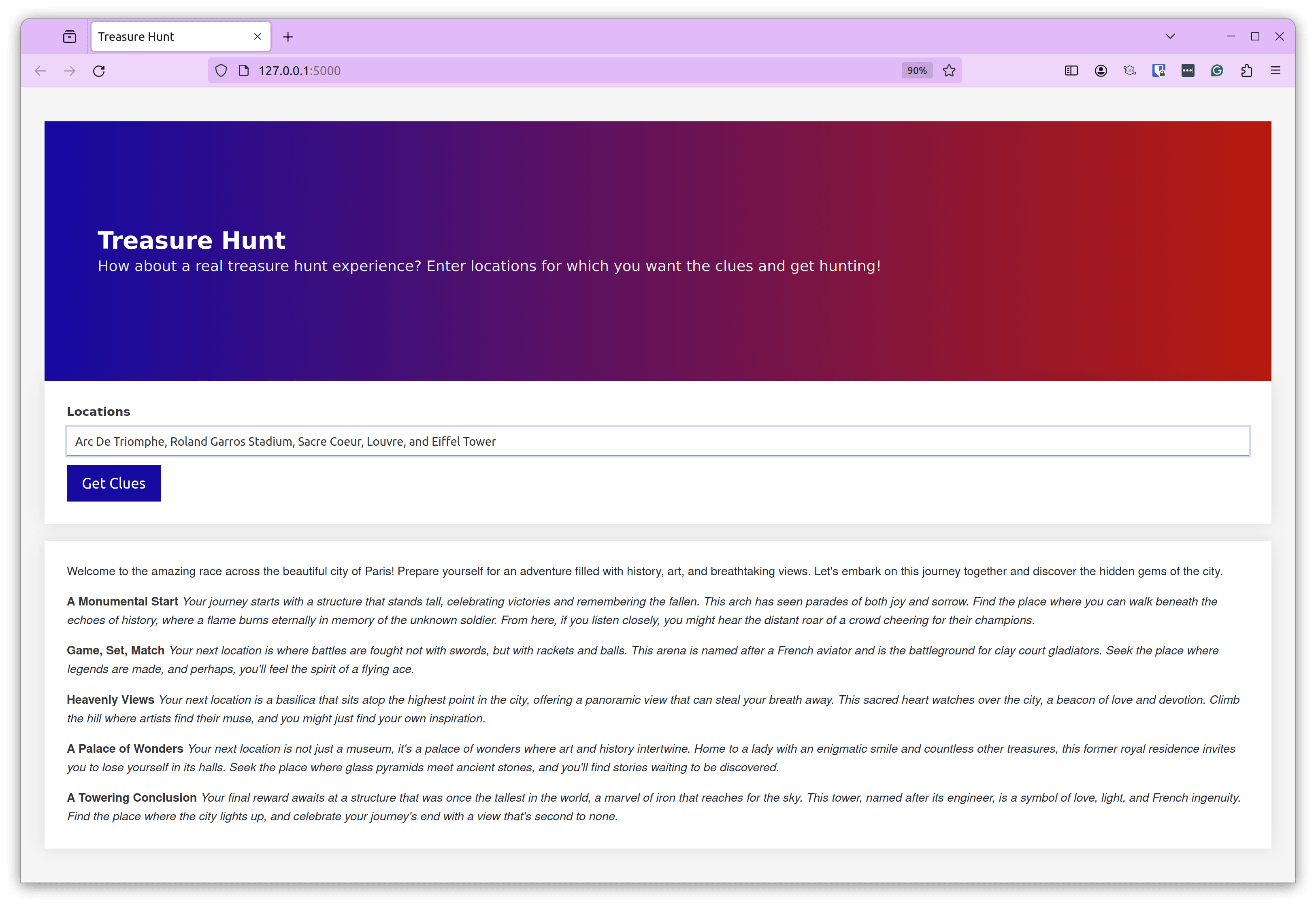 List of clues generated by Treasure Hunt GenAI App